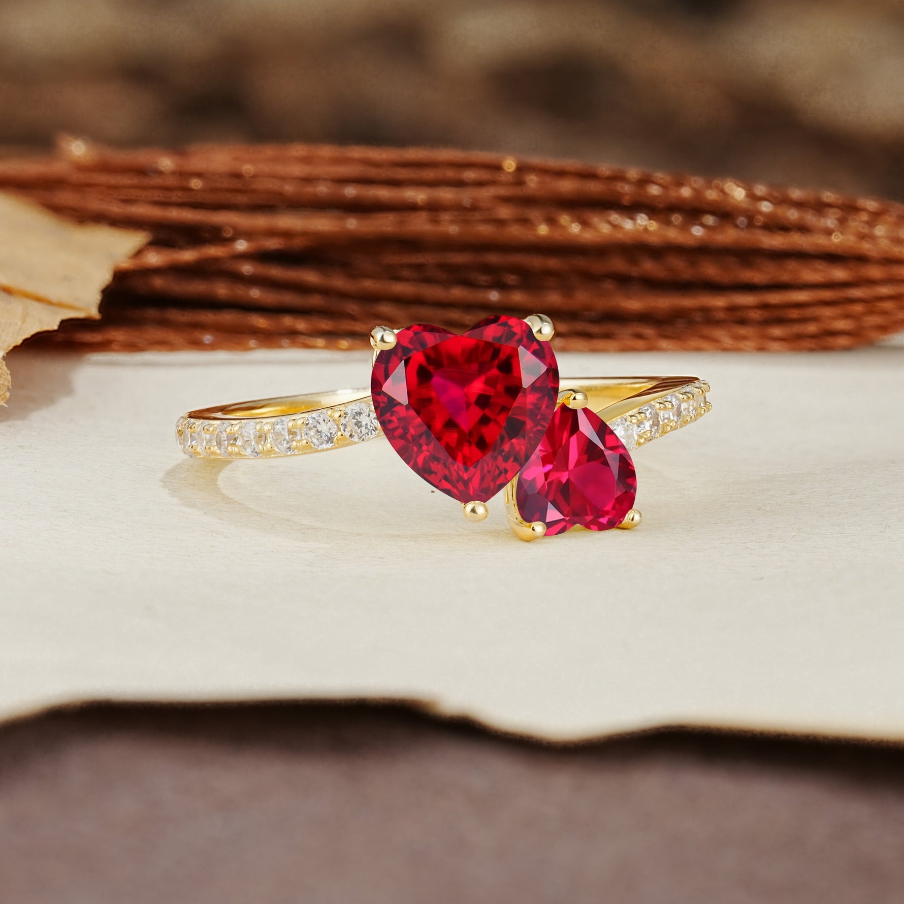 Unique Classic 3-Prong Heart Cut RubyTwo Stones Engagement Ring - Additional view