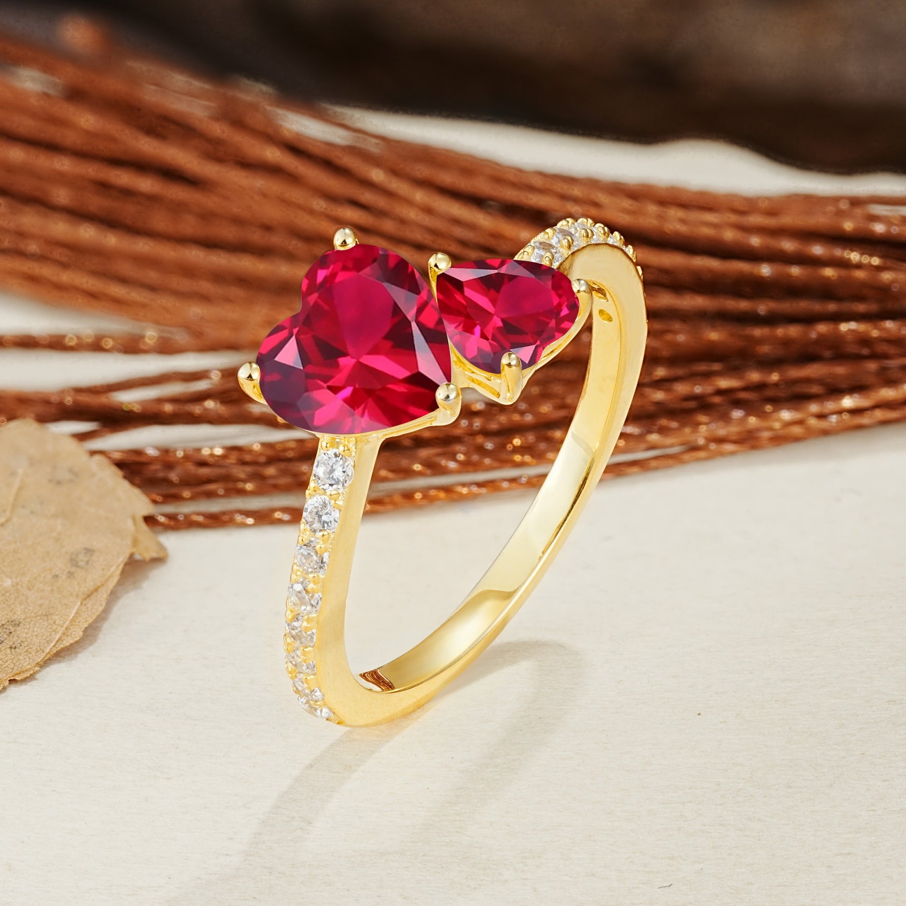 Unique Classic 3-Prong Heart Cut RubyTwo Stones Engagement Ring - Additional view