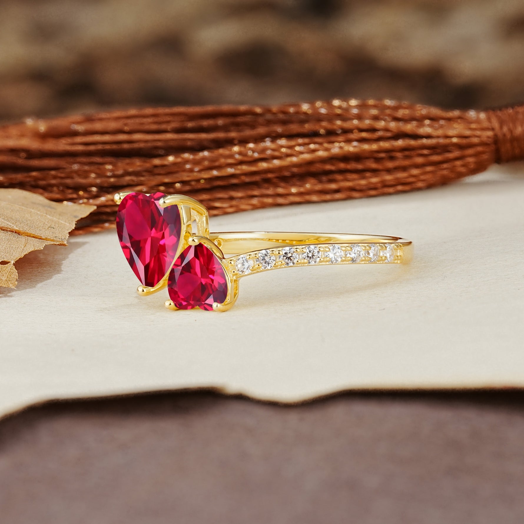 Unique Classic 3-Prong Heart Cut RubyTwo Stones Engagement Ring - Additional view
