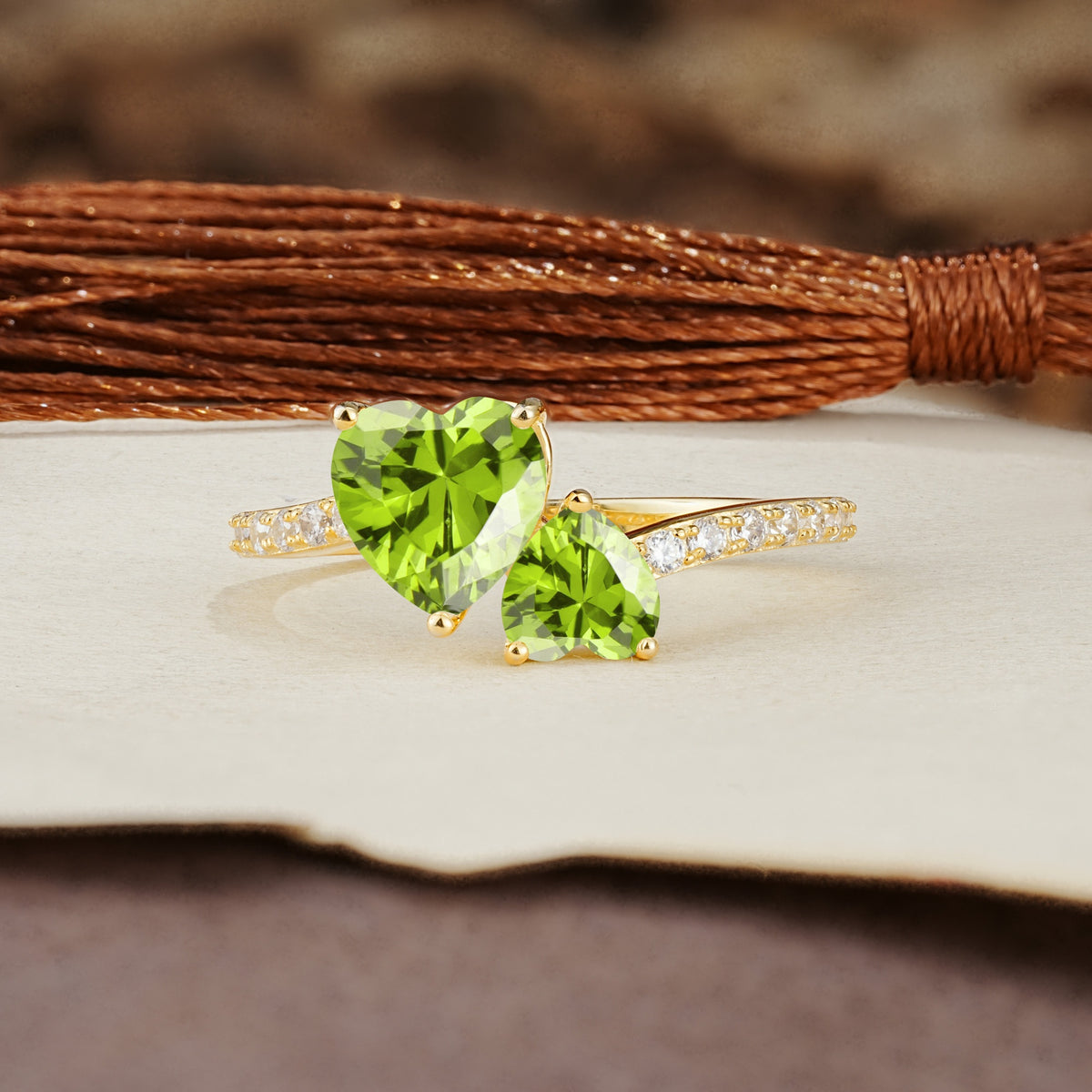 Unique Classic 3-Prong Heart Cut PeridotTwo Stones Engagement Ring - Additional view