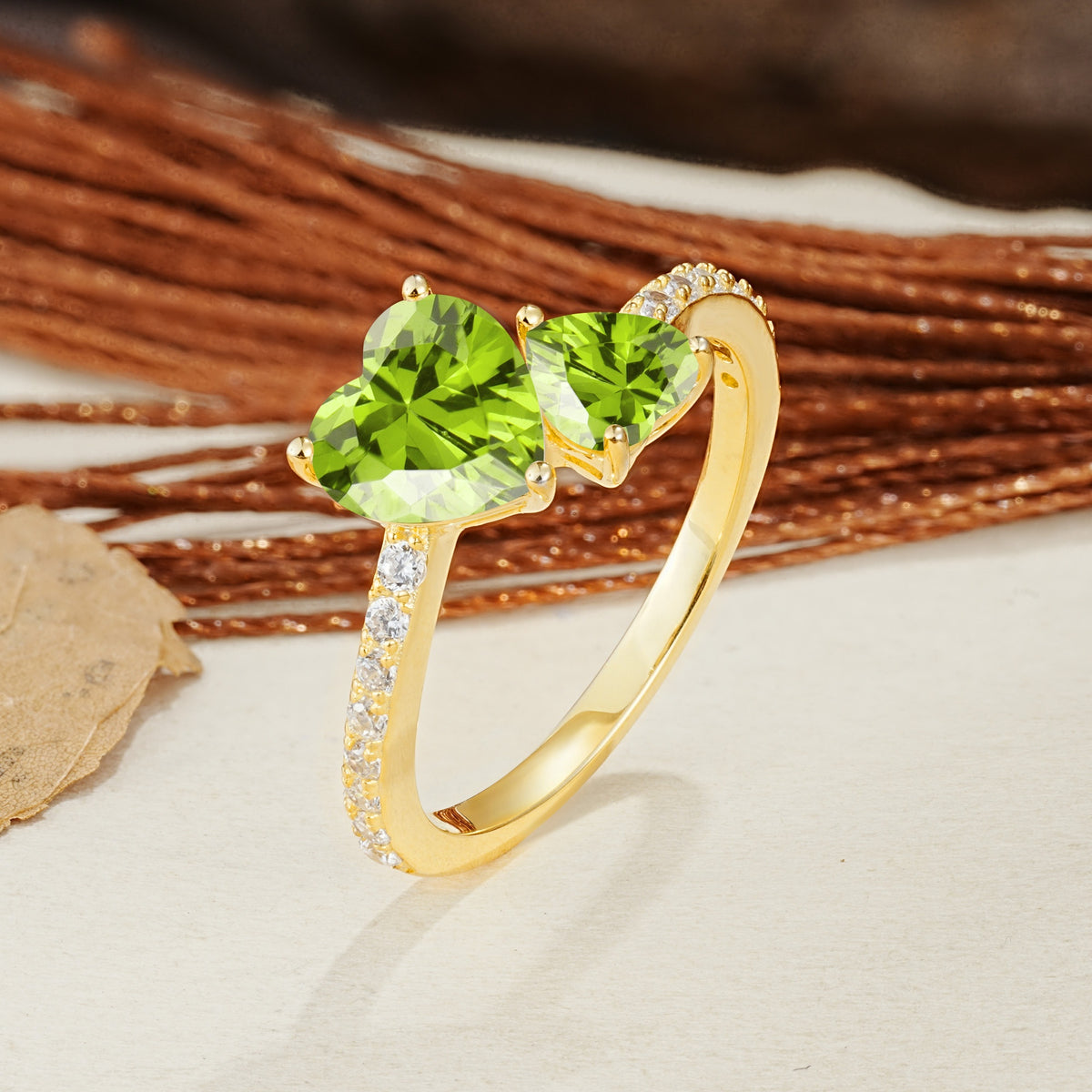 Unique Classic 3-Prong Heart Cut PeridotTwo Stones Engagement Ring - Additional view