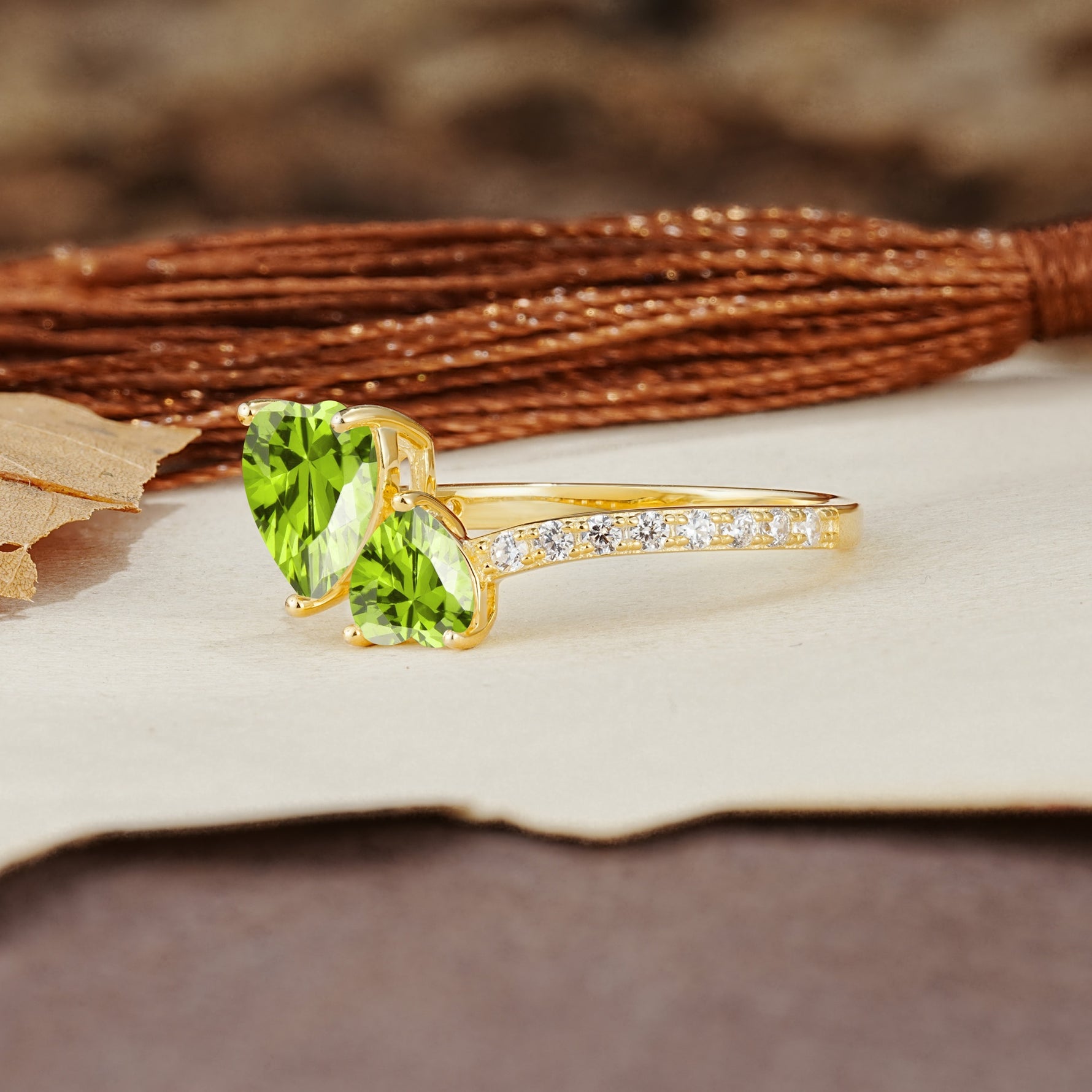 Unique Classic 3-Prong Heart Cut PeridotTwo Stones Engagement Ring - Additional view