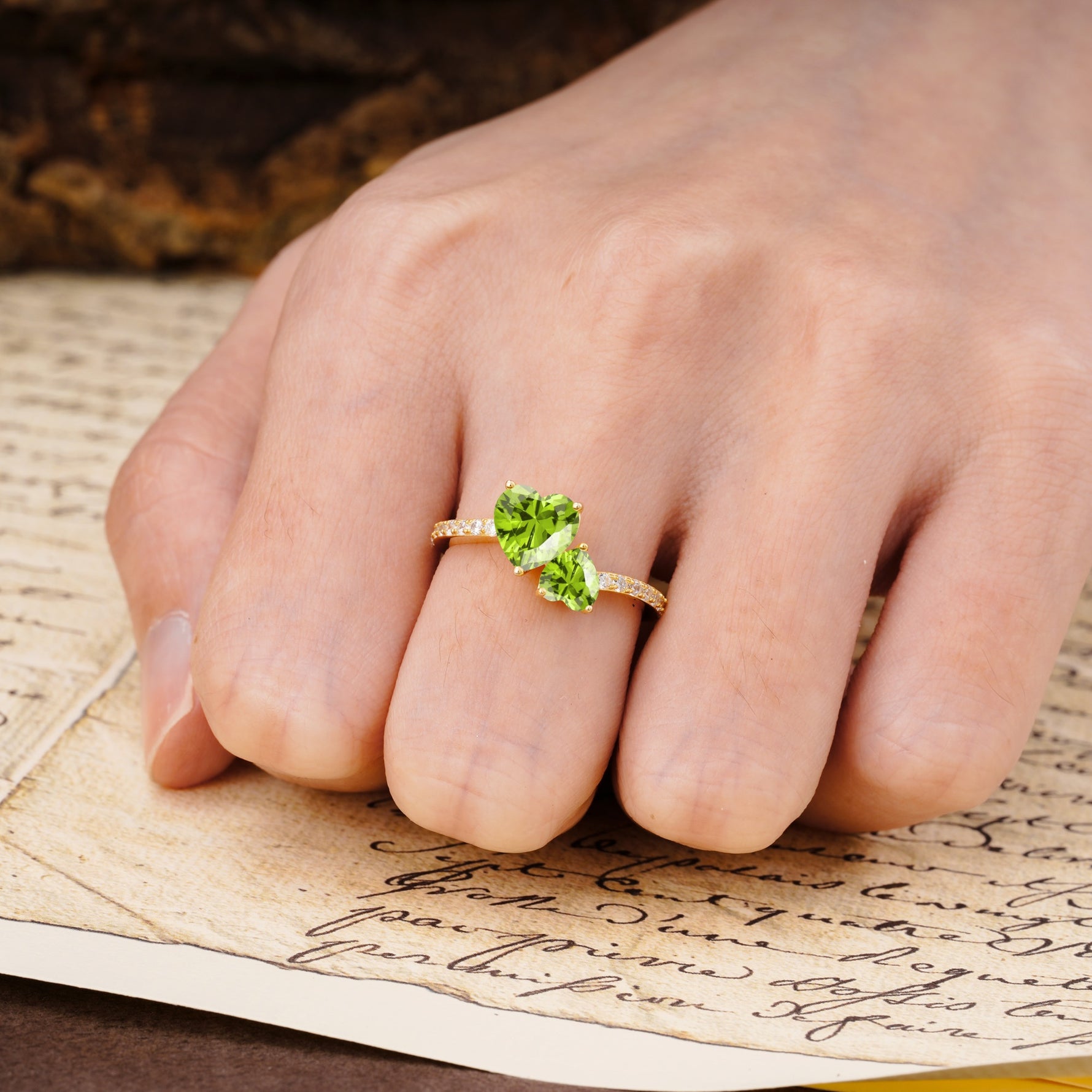 Unique Classic 3-Prong Heart Cut PeridotTwo Stones Engagement Ring - Additional view
