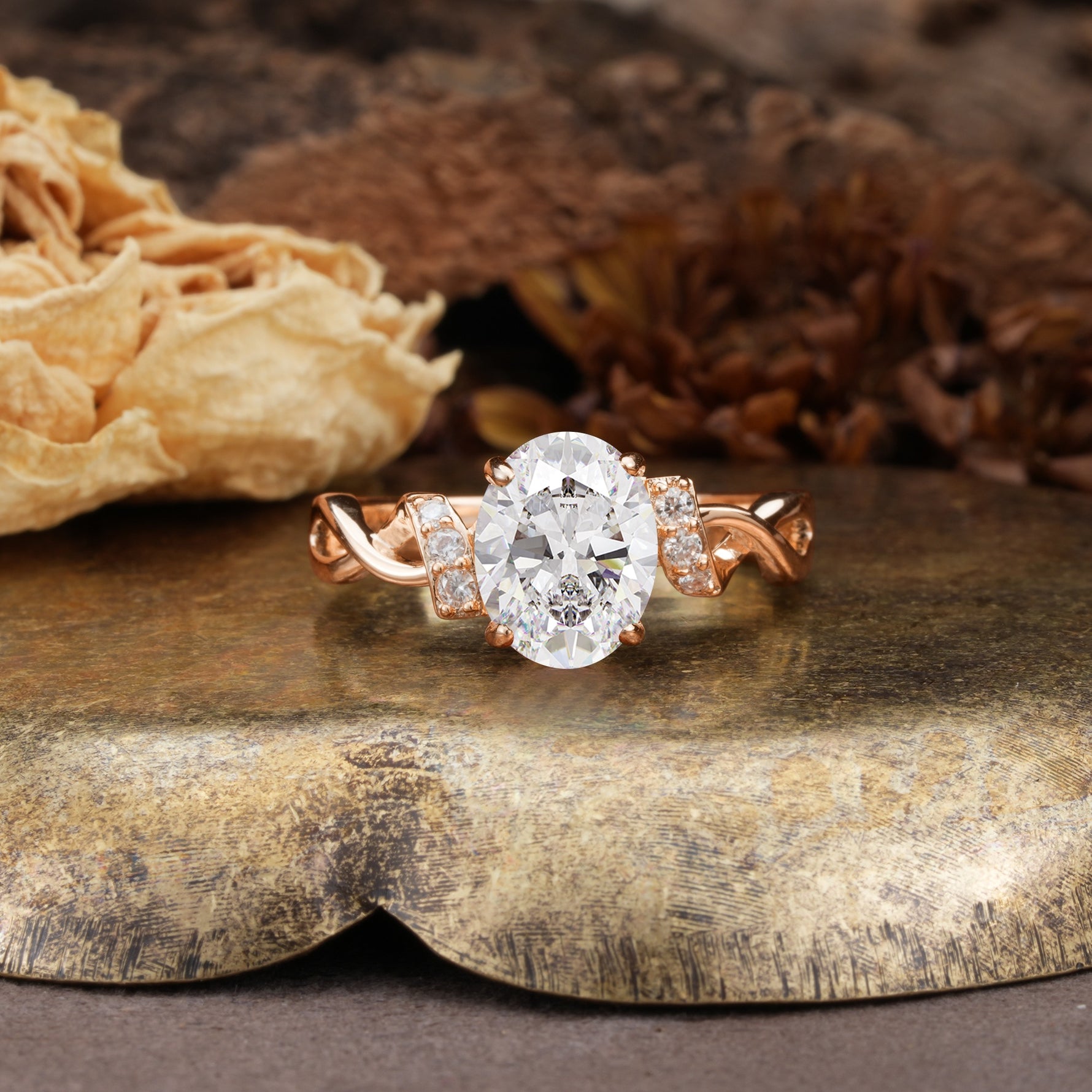 Nature-Inspired, Uniquely Luxurious: Twisted and Entwined 4-Prong Oval Cut Moissanite Engagement Ring - Additional view