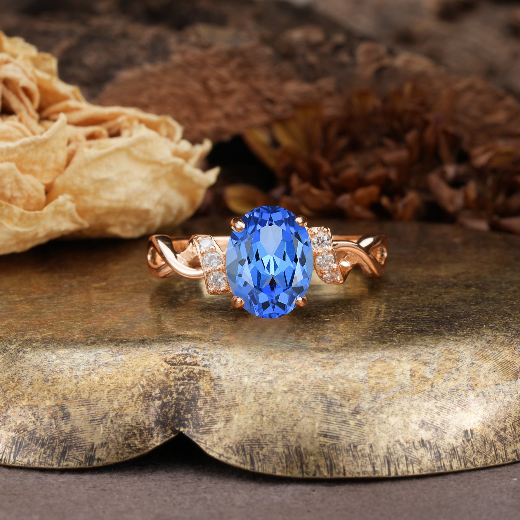 Nature-Inspired, Uniquely Luxurious: Twisted and Entwined 4-Prong Oval Cut Sapphire Engagement Ring - Additional view