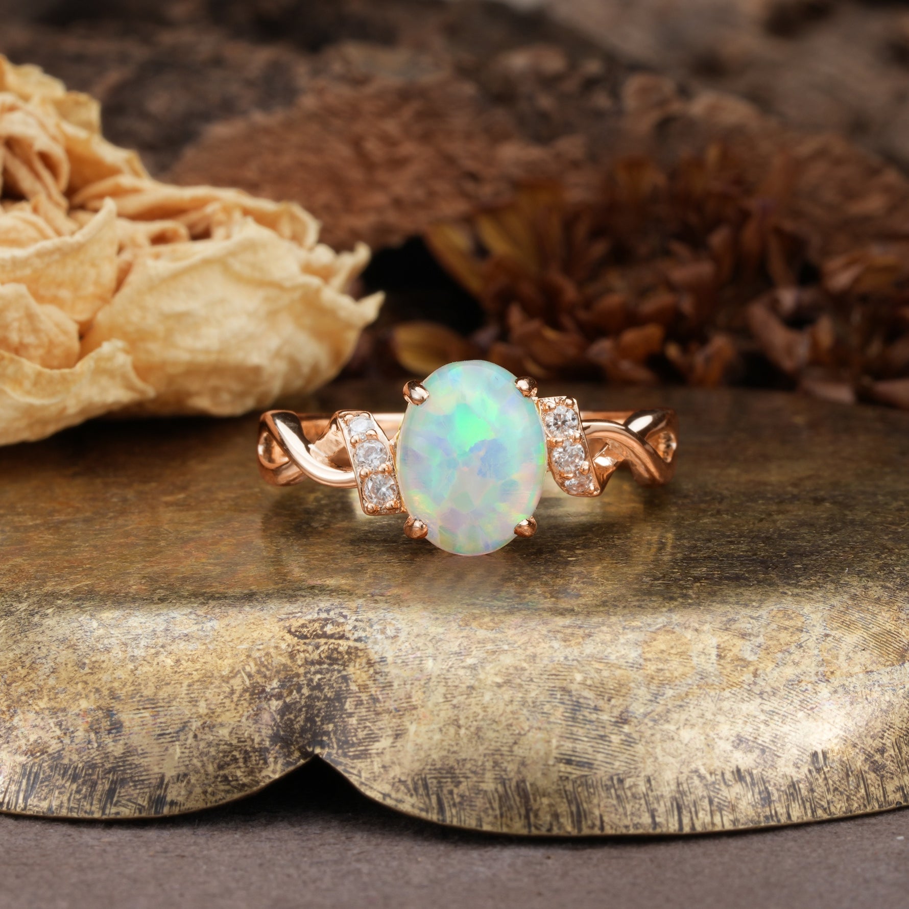 Nature-Inspired, Uniquely Luxurious: Twisted and Entwined 4-Prong Oval Cut Fire Opal Engagement Ring - Additional view