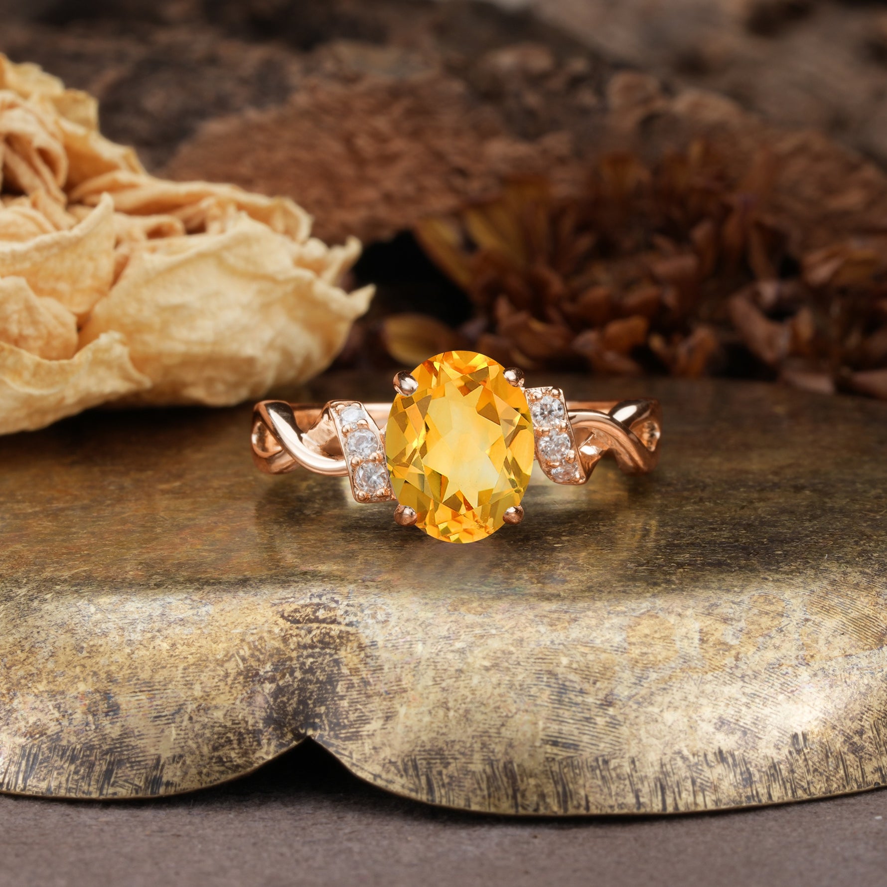 Nature-Inspired, Uniquely Luxurious: Twisted and Entwined 4-Prong Oval Cut Citrine Engagement Ring - Additional view