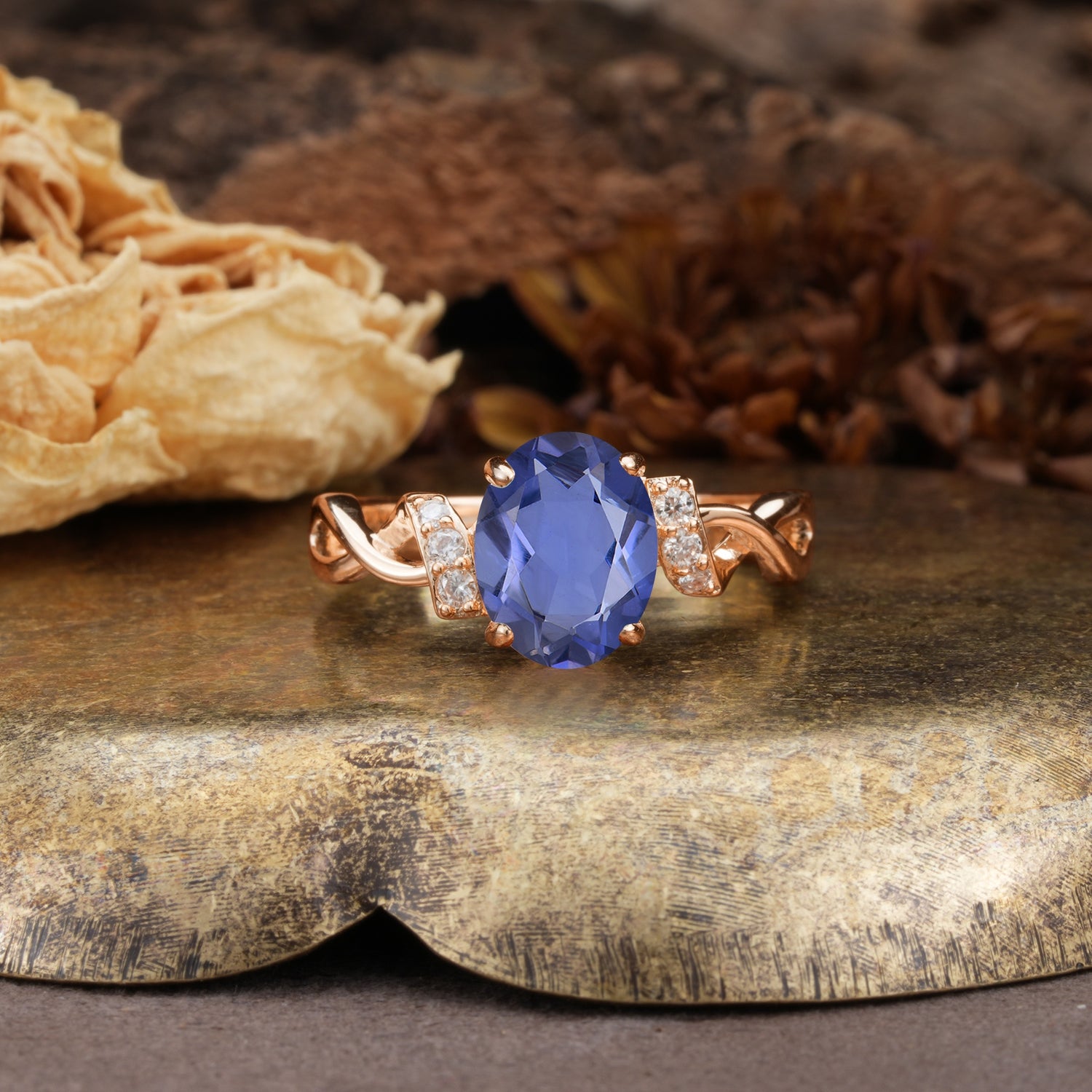 Nature-Inspired, Uniquely Luxurious: Twisted and Entwined 4-Prong Oval Cut Tanzanite Engagement Ring - Additional view