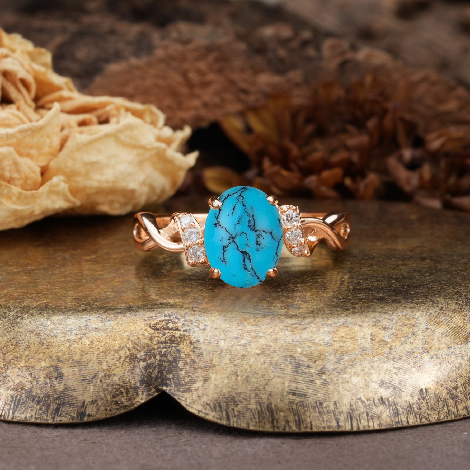Nature-Inspired, Uniquely Luxurious: Twisted and Entwined 4-Prong Oval Cut Turquoise Engagement Ring - Additional view