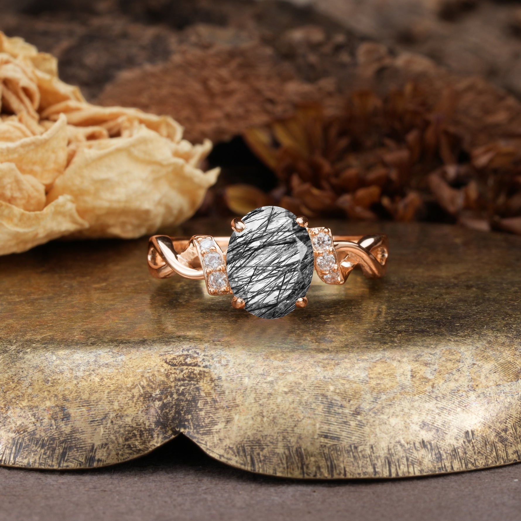 Nature-Inspired, Uniquely Luxurious: Twisted and Entwined 4-Prong Oval Cut Black Rutilated Quartz Engagement Ring - Additional view