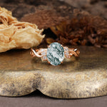 Nature-Inspired, Uniquely Luxurious: Twisted and Entwined 4-Prong Oval Cut Moss Agate Engagement Ring - Additional view