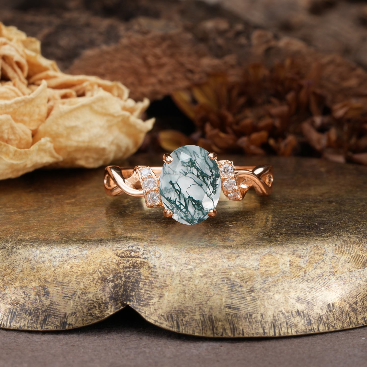 Nature-Inspired, Uniquely Luxurious: Twisted and Entwined 4-Prong Oval Cut Moss Agate Engagement Ring - Additional view