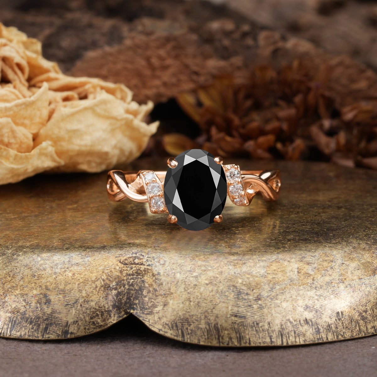 Nature-Inspired, Uniquely Luxurious: Twisted and Entwined 4-Prong Oval Cut Black Onyx Engagement Ring - Additional view