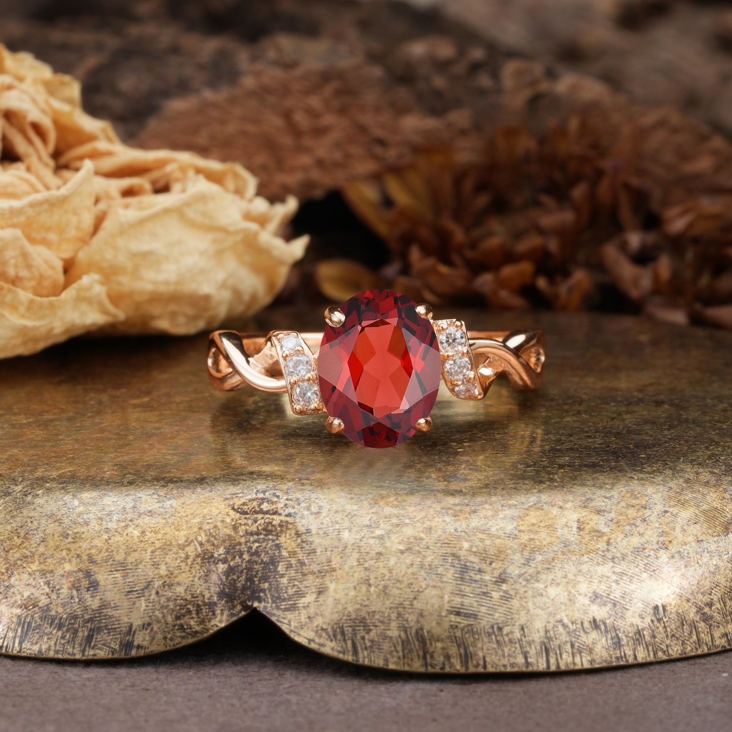 Nature-Inspired, Uniquely Luxurious: Twisted and Entwined 4-Prong Oval Cut Garnet Engagement Ring - Additional view
