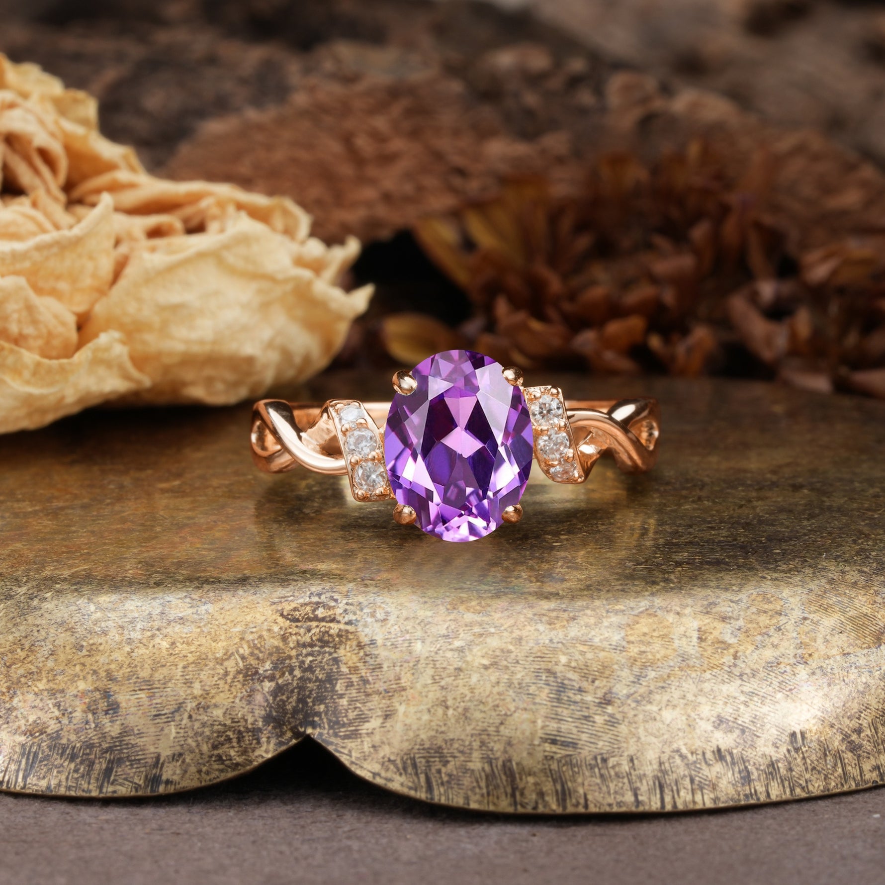 Nature-Inspired, Uniquely Luxurious: Twisted and Entwined 4-Prong Oval Cut Amethyst Engagement Ring - Additional view