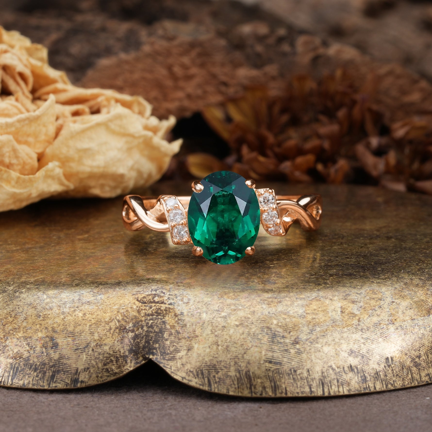 Nature-Inspired, Uniquely Luxurious: Twisted and Entwined 4-Prong Oval Cut Emerald Engagement Ring - Additional view