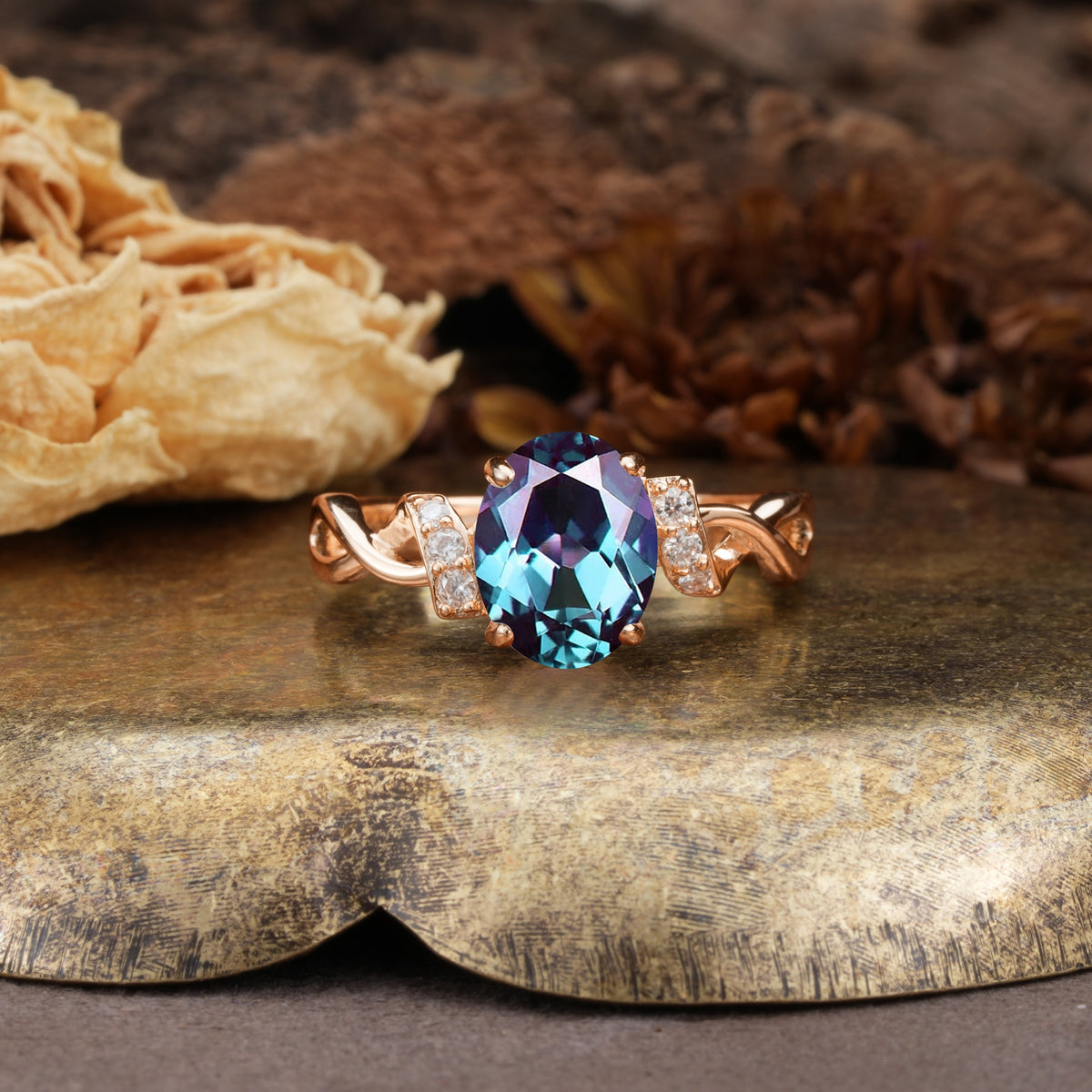 Nature-Inspired, Uniquely Luxurious: Twisted and Entwined 4-Prong Oval Cut Alexandrite Engagement Ring - Additional view