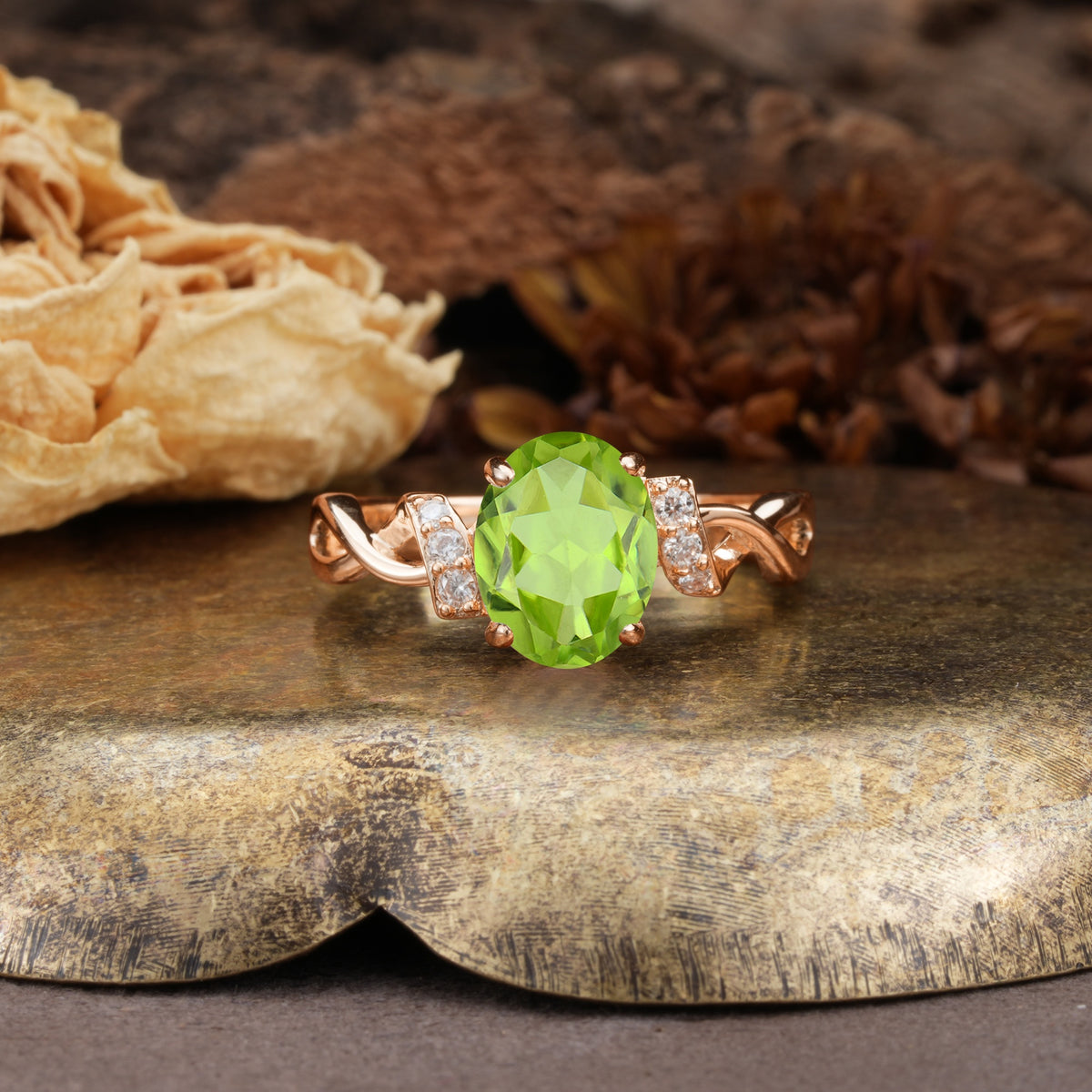 Nature-Inspired, Uniquely Luxurious: Twisted and Entwined 4-Prong Oval Cut Peridot Engagement Ring - Additional view
