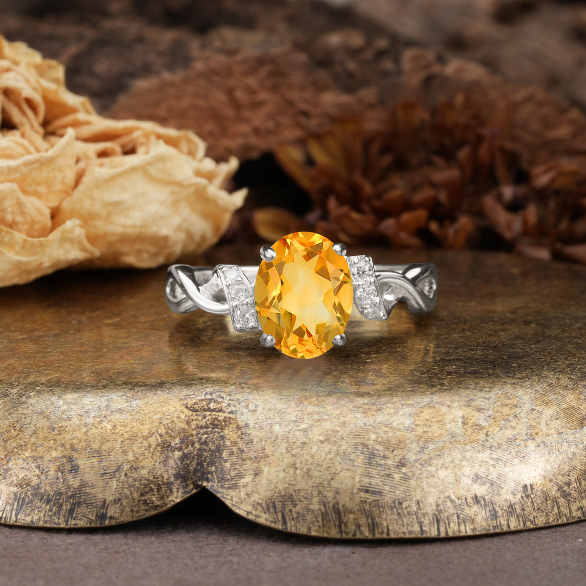 Nature-Inspired, Uniquely Luxurious: Twisted and Entwined 4-Prong Oval Cut Citrine Engagement Ring - Additional view