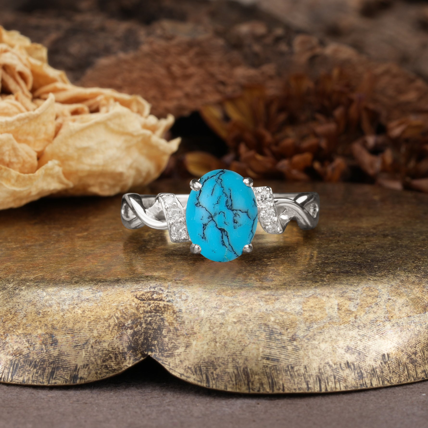 Nature-Inspired, Uniquely Luxurious: Twisted and Entwined 4-Prong Oval Cut Turquoise Engagement Ring - Additional view