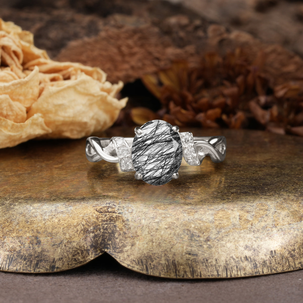 Nature-Inspired, Uniquely Luxurious: Twisted and Entwined 4-Prong Oval Cut Black Rutilated Quartz Engagement Ring - Additional view