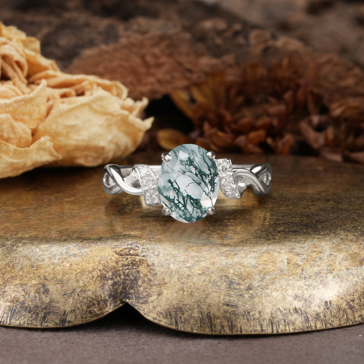 Nature-Inspired, Uniquely Luxurious: Twisted and Entwined 4-Prong Oval Cut Moss Agate Engagement Ring - Additional view