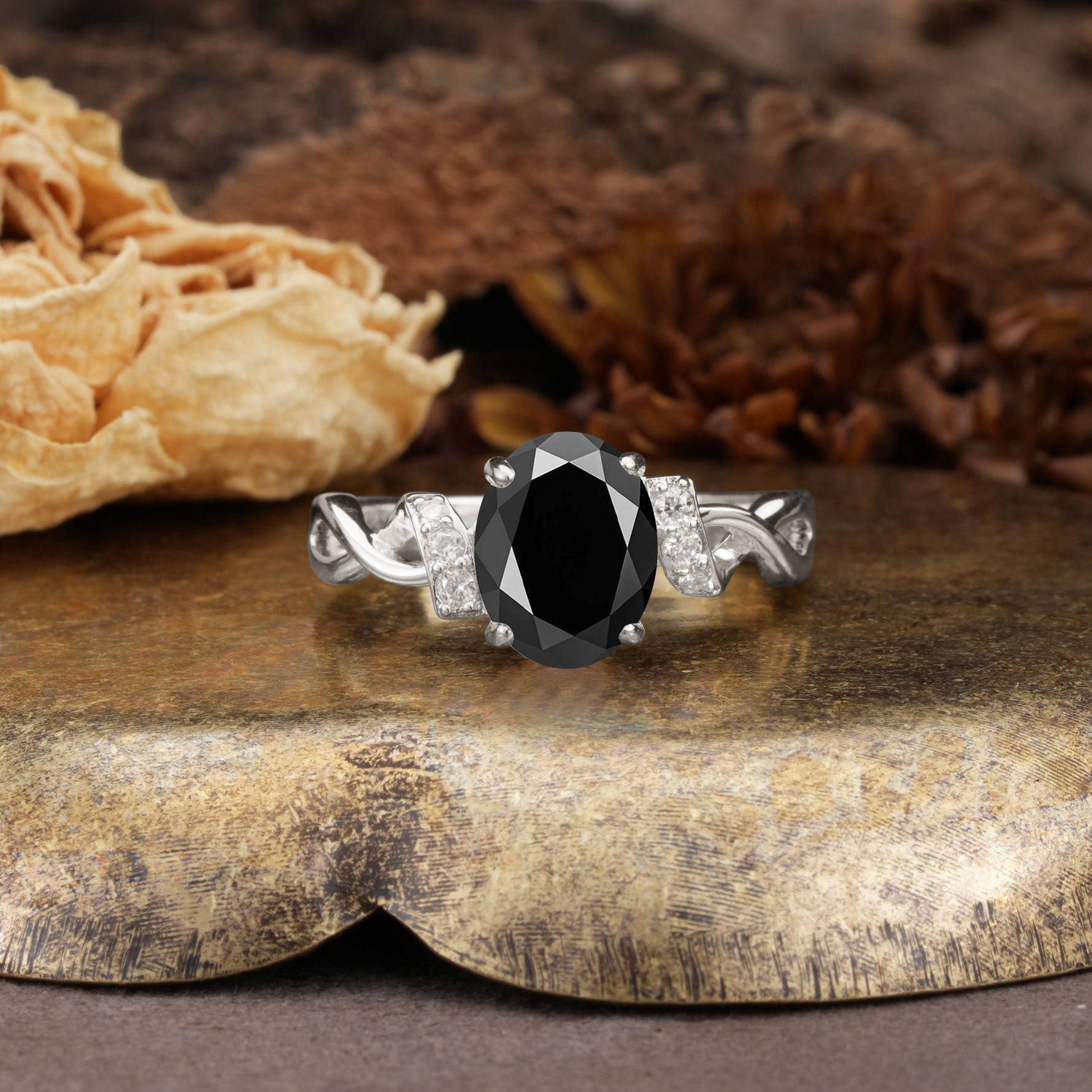 Nature-Inspired, Uniquely Luxurious: Twisted and Entwined 4-Prong Oval Cut Black Onyx Engagement Ring - Additional view