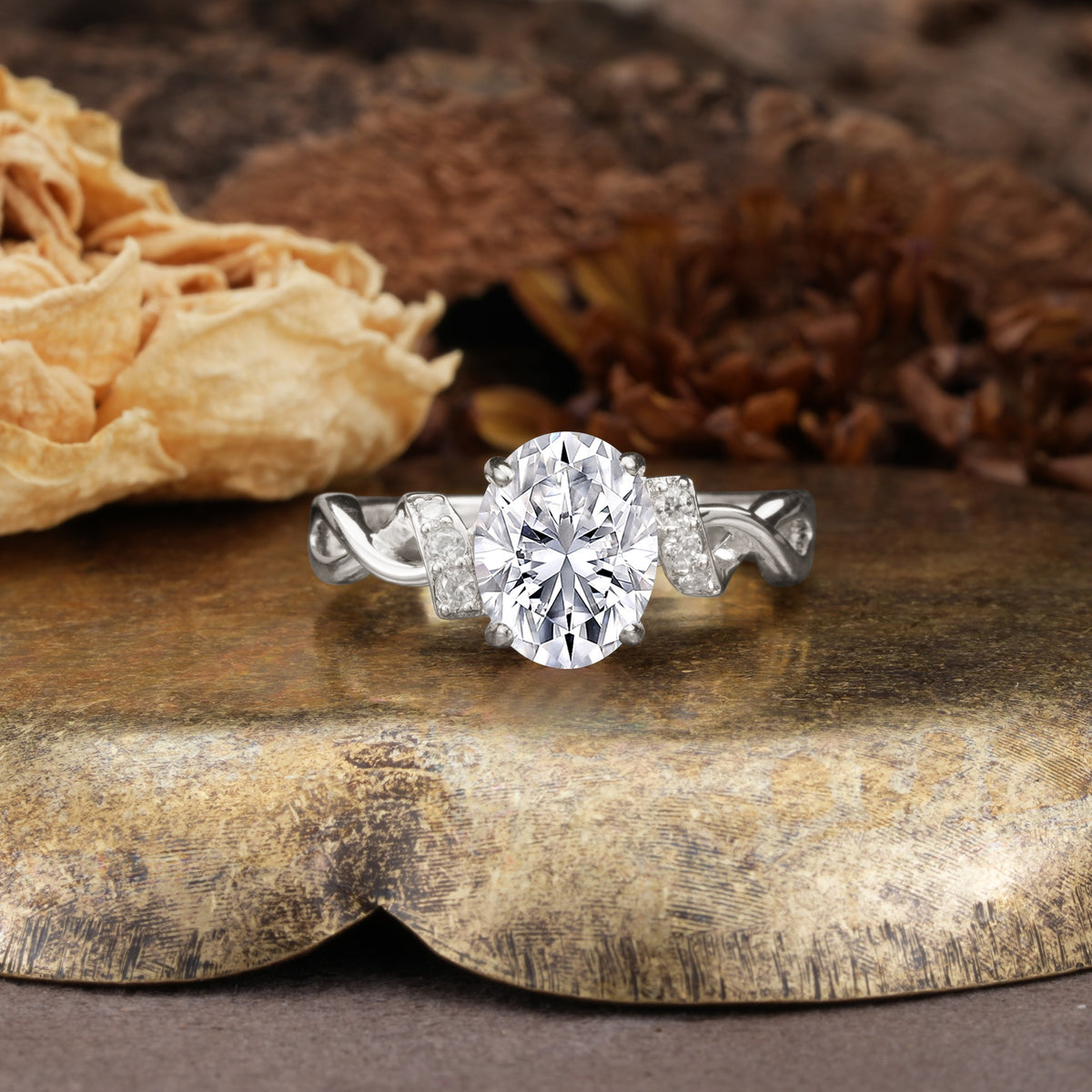 Nature-Inspired, Uniquely Luxurious: Twisted and Entwined 4-Prong Oval Cut Lab Diamond Engagement Ring - Additional view