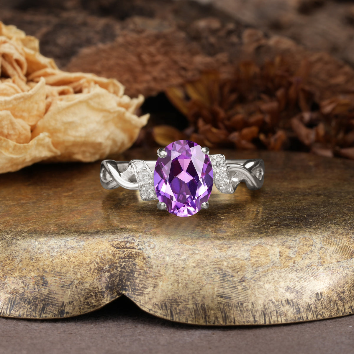 Nature-Inspired, Uniquely Luxurious: Twisted and Entwined 4-Prong Oval Cut Amethyst Engagement Ring - Additional view