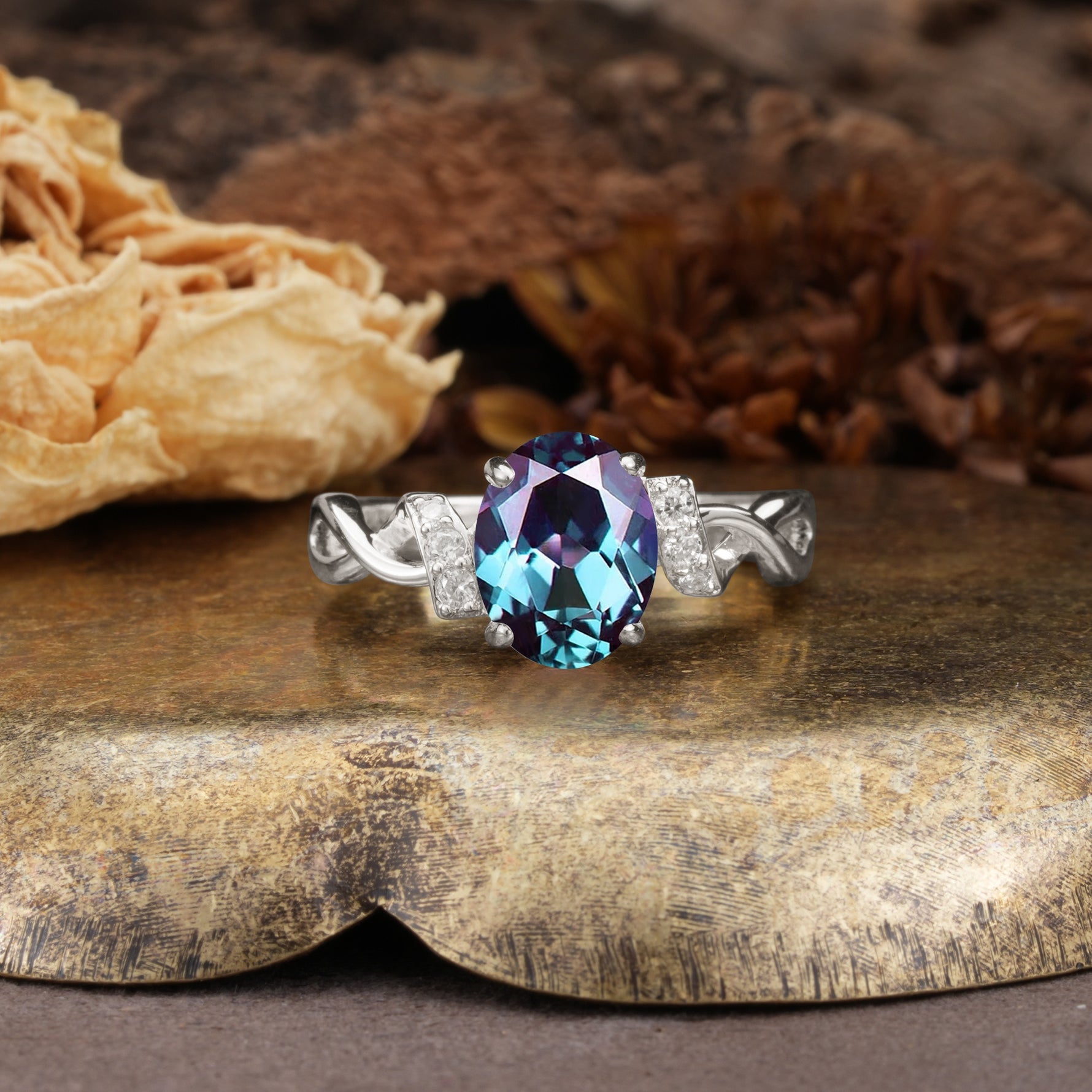 Nature-Inspired, Uniquely Luxurious: Twisted and Entwined 4-Prong Oval Cut Alexandrite Engagement Ring - Additional view