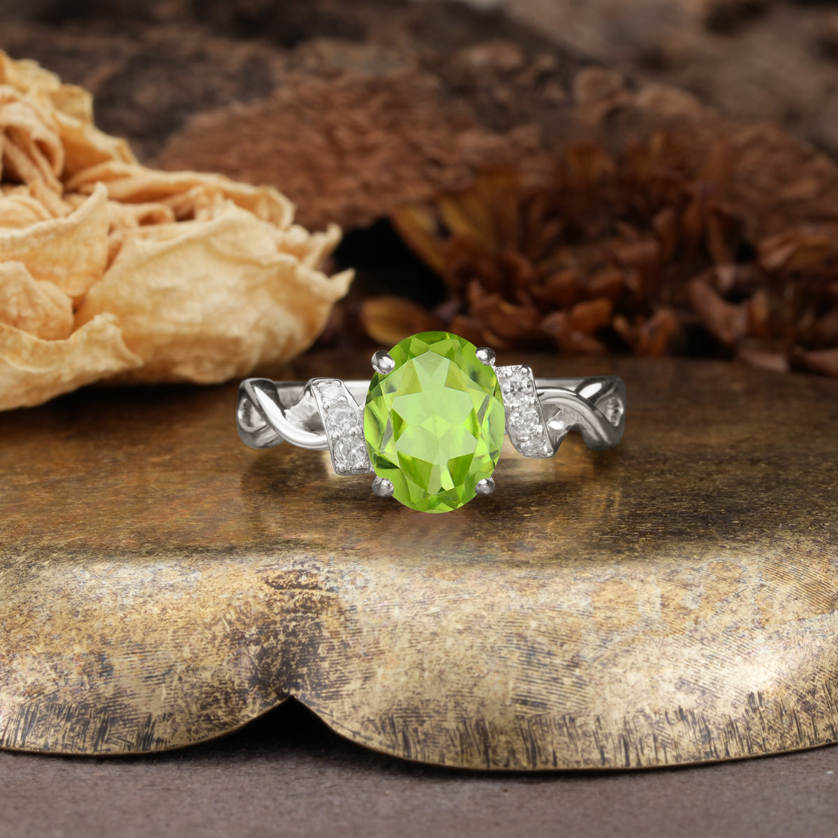 Nature-Inspired, Uniquely Luxurious: Twisted and Entwined 4-Prong Oval Cut Peridot Engagement Ring - Additional view