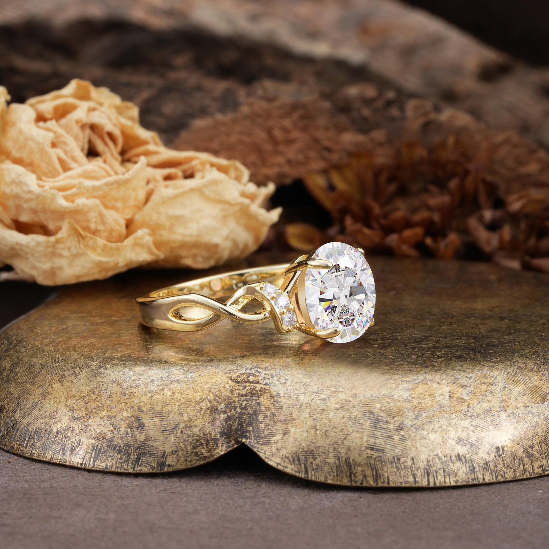 Nature-Inspired, Uniquely Luxurious: Twisted and Entwined 4-Prong Oval Cut Moissanite Engagement Ring - Additional view