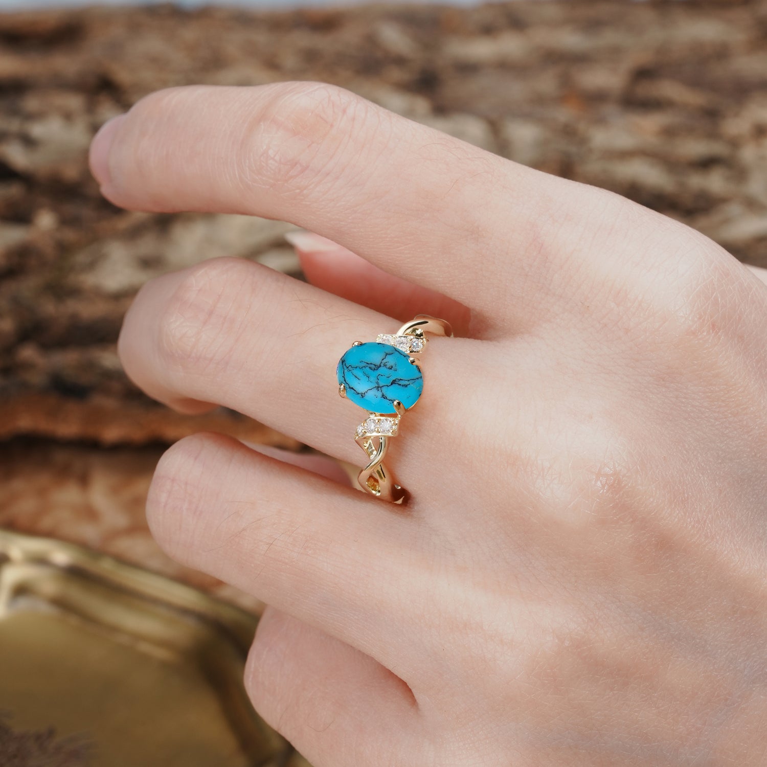 Nature-Inspired, Uniquely Luxurious: Twisted and Entwined 4-Prong Oval Cut Turquoise Engagement Ring