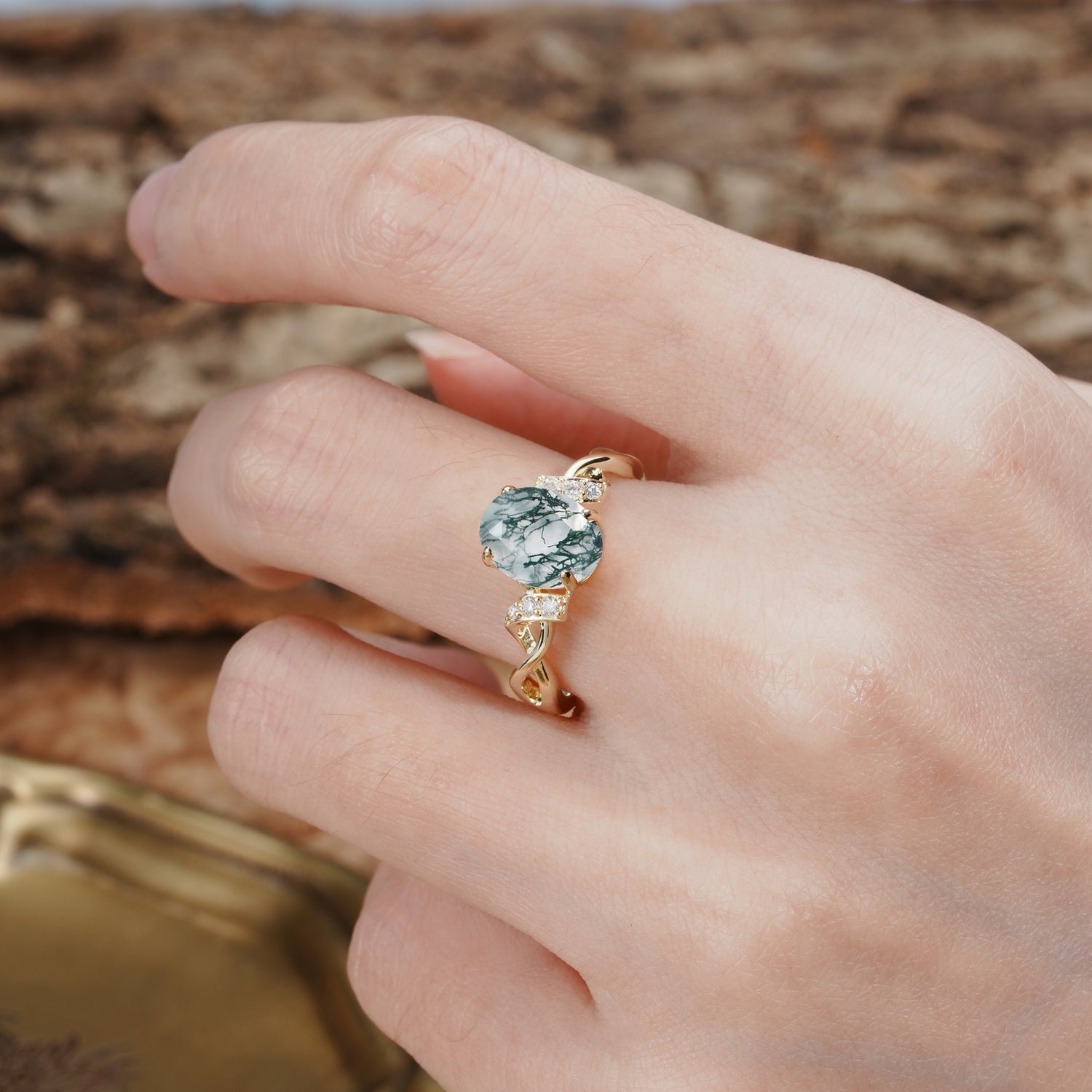 Nature-Inspired, Uniquely Luxurious: Twisted and Entwined 4-Prong Oval Cut Moss Agate Engagement Ring