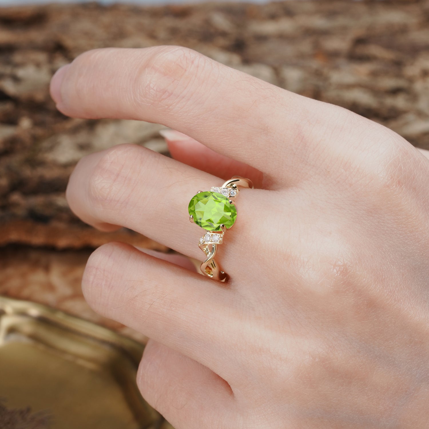 Nature-Inspired, Uniquely Luxurious: Twisted and Entwined 4-Prong Oval Cut Peridot Engagement Ring