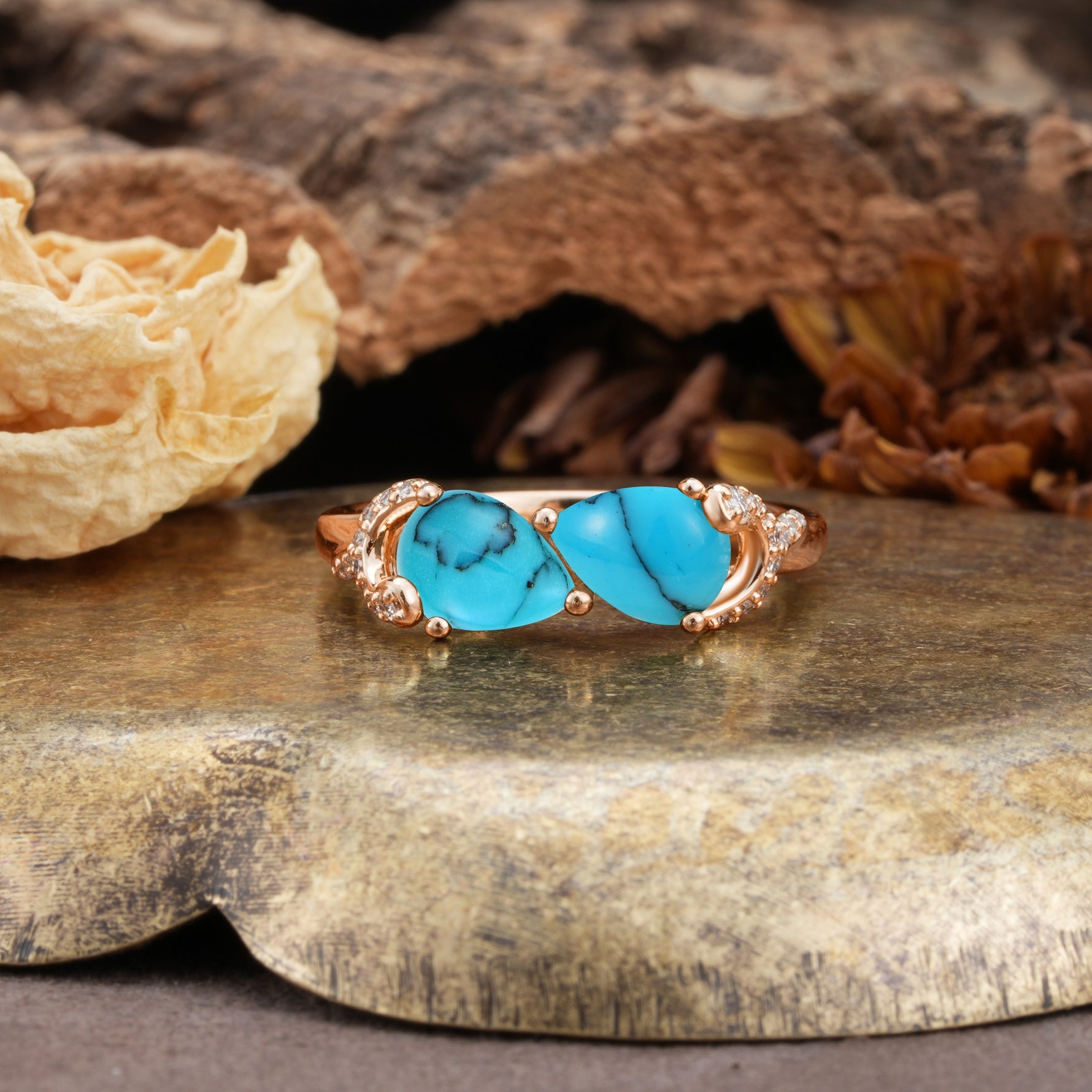Uniquely Creative 3-Prong Double Pear-Cut Turquoise Two Stones Wedding Ring - Additional view