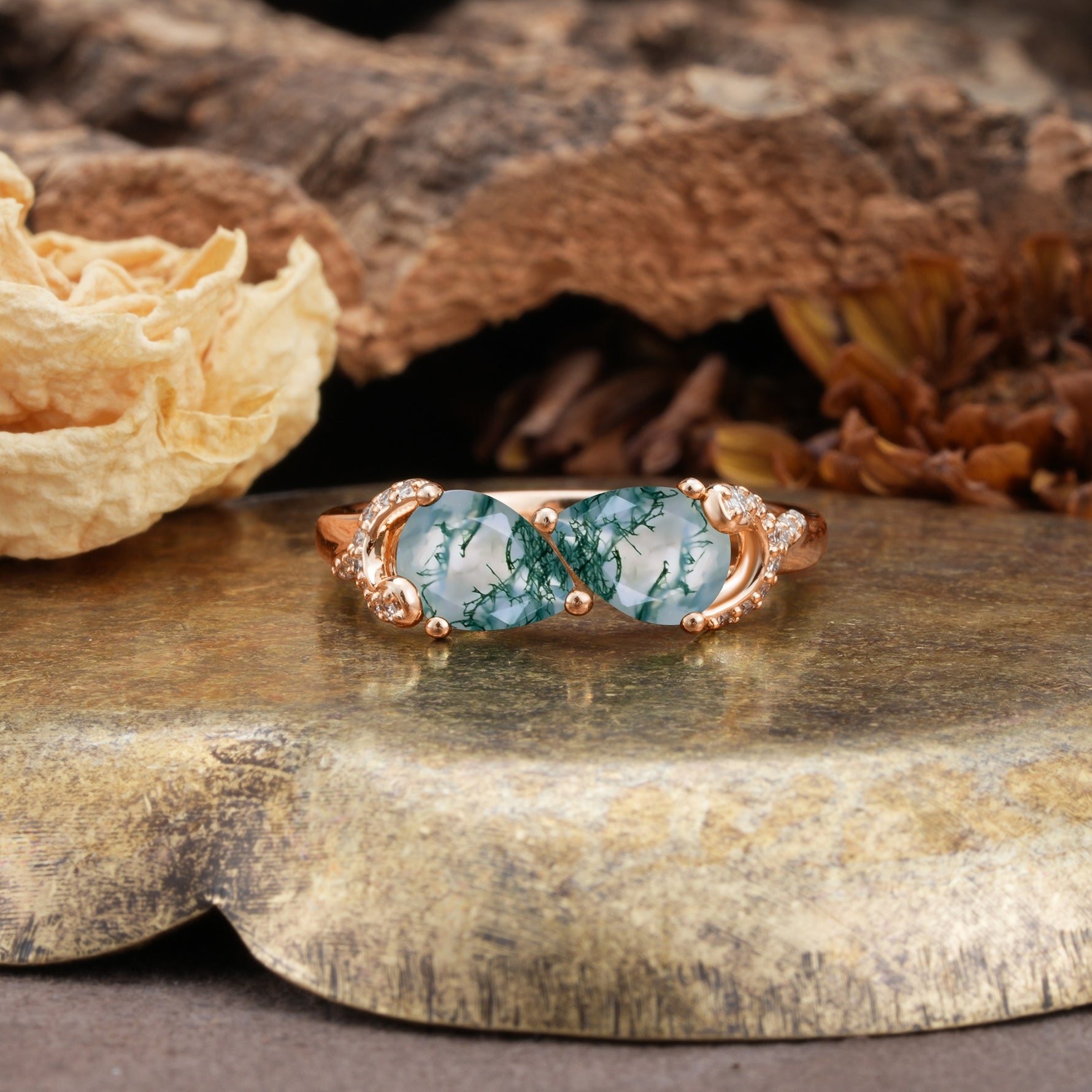 Uniquely Creative 3-Prong Double Pear-Cut Moss Agate Two Stones Wedding Ring - Additional view
