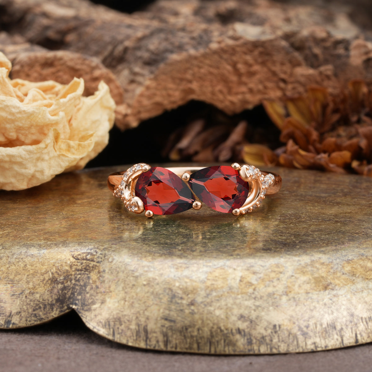 Uniquely Creative 3-Prong Double Pear-Cut Garnet Two Stones Wedding Ring - Additional view