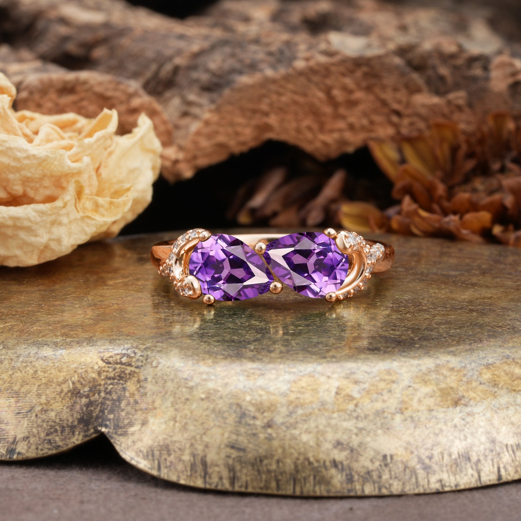 Uniquely Creative 3-Prong Double Pear-Cut Amethyst Two Stones Wedding Ring - Additional view