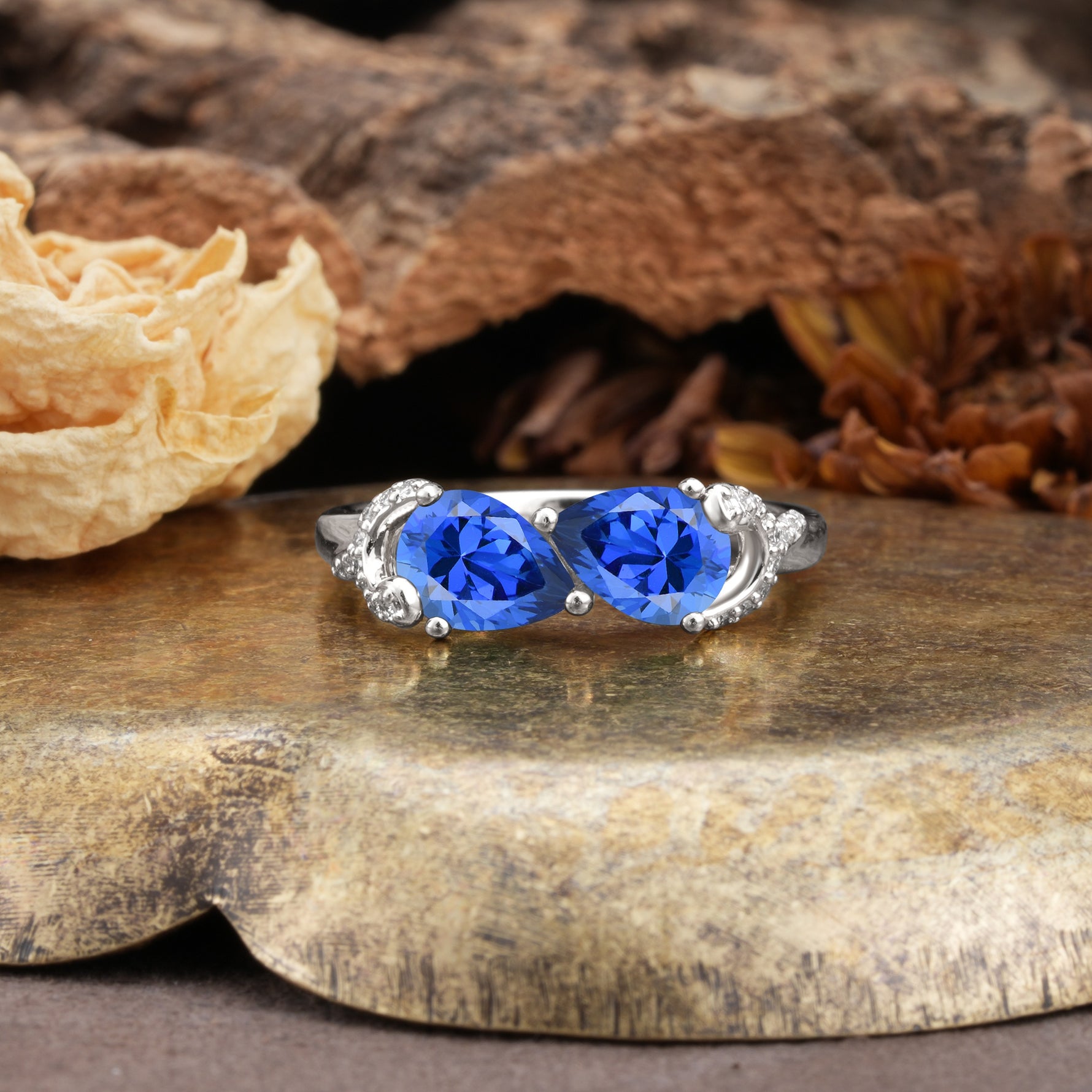 Uniquely Creative 3-Prong Double Pear-Cut Sapphire Two Stones Wedding Ring - Additional view