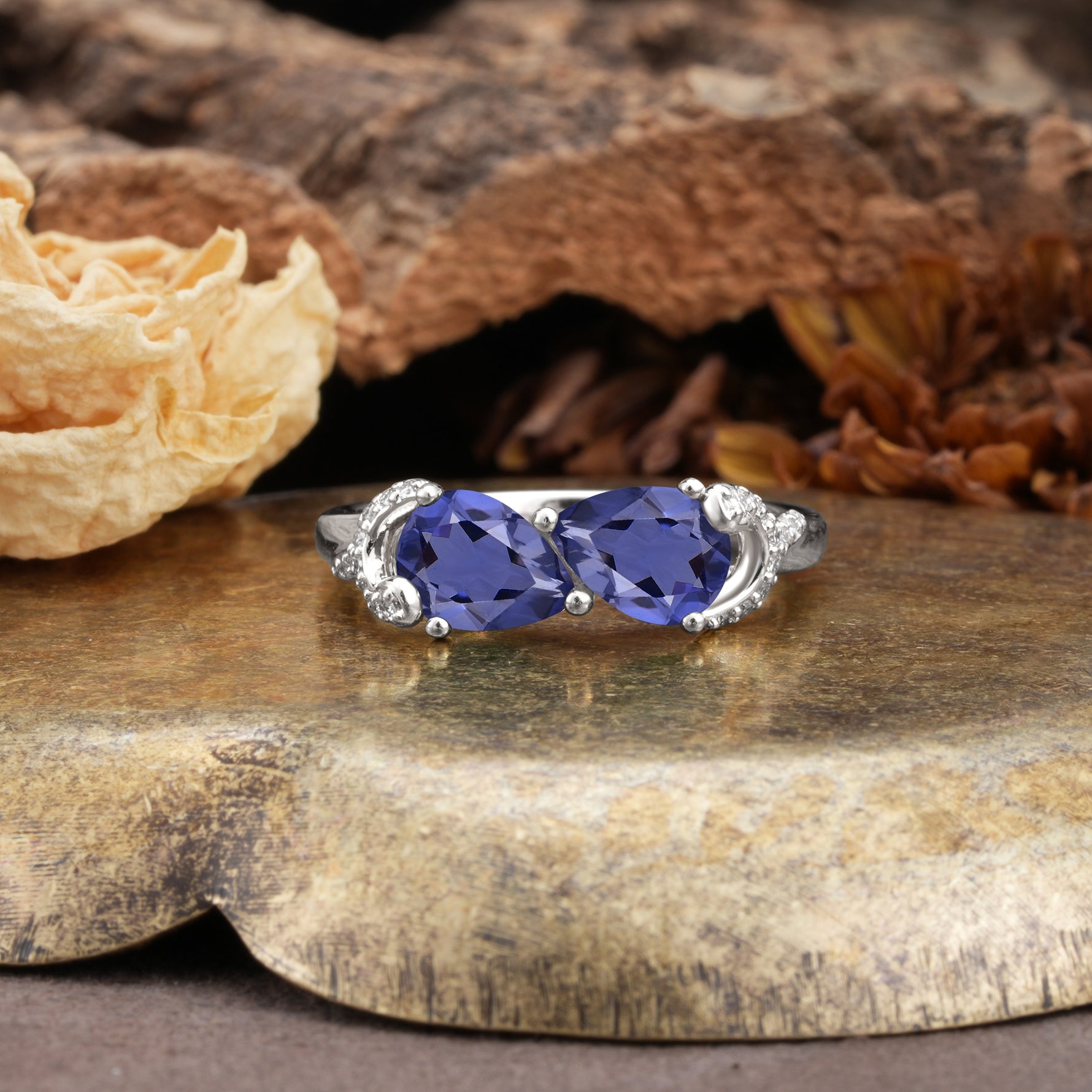 Uniquely Creative 3-Prong Double Pear-Cut Tanzanite Two Stones Wedding Ring - Additional view