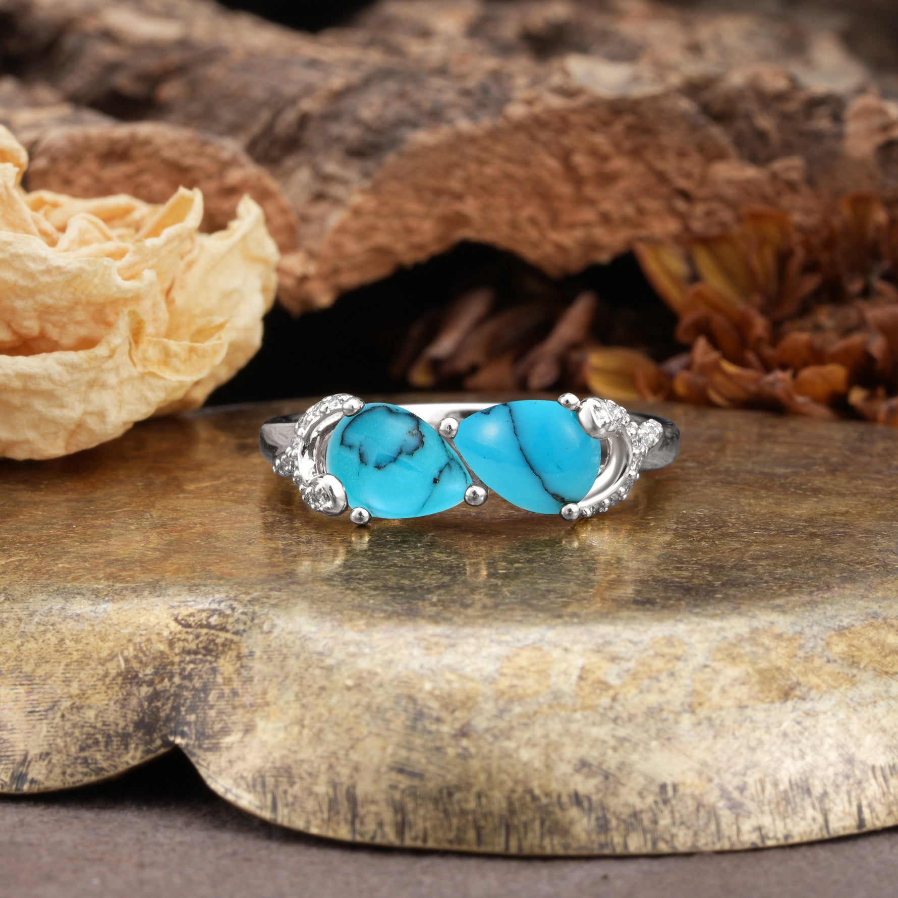 Uniquely Creative 3-Prong Double Pear-Cut Turquoise Two Stones Wedding Ring - Additional view