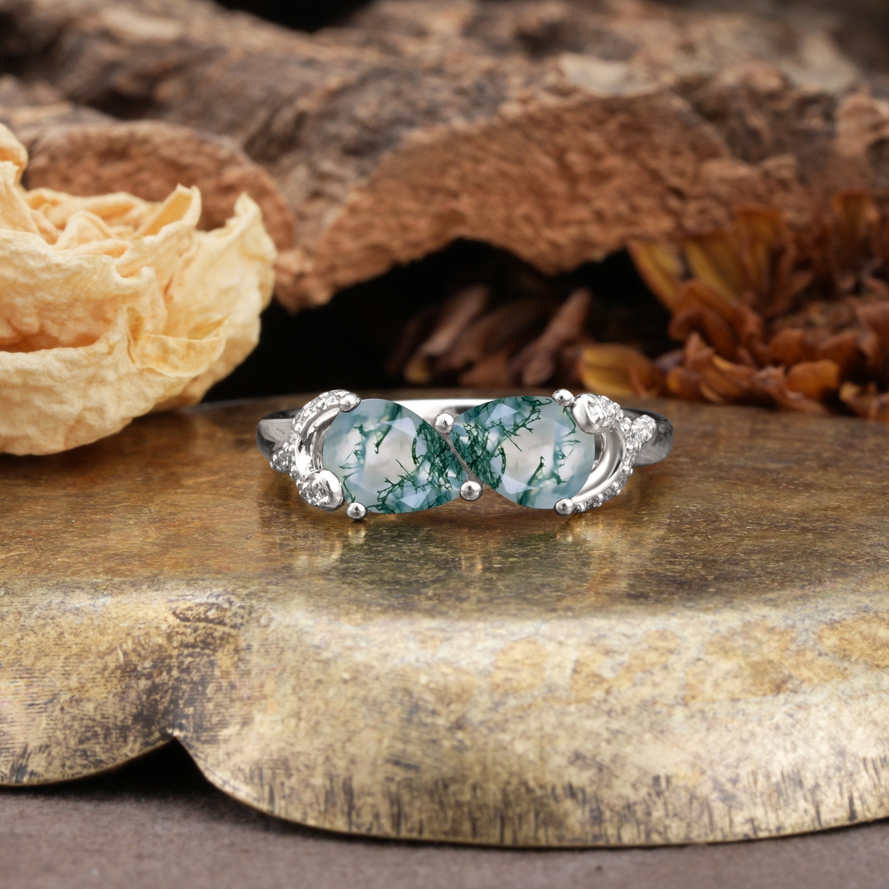 Uniquely Creative 3-Prong Double Pear-Cut Moss Agate Two Stones Wedding Ring - Additional view