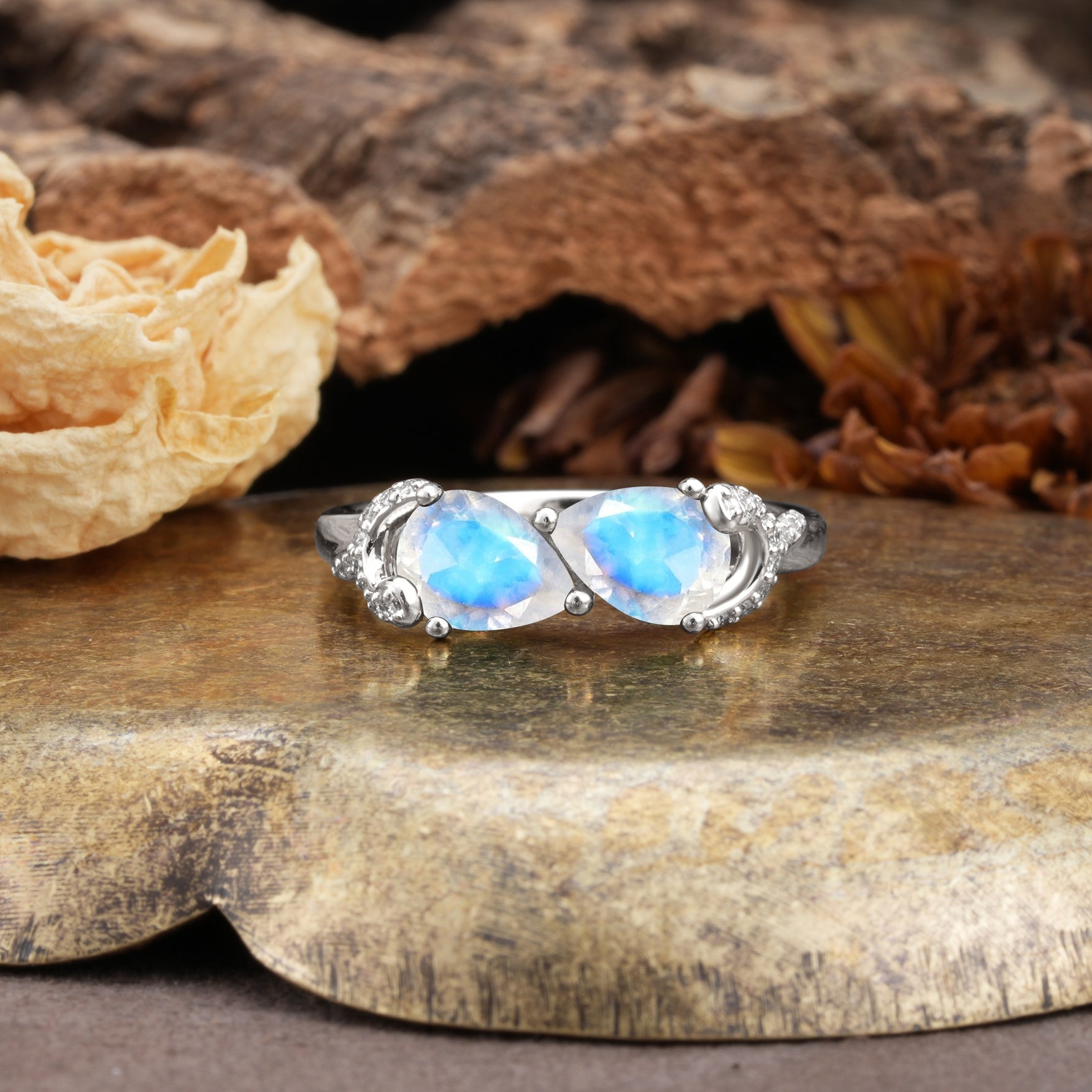 Uniquely Creative 3-Prong Double Pear-Cut Moonstone Two Stones Wedding Ring - Additional view