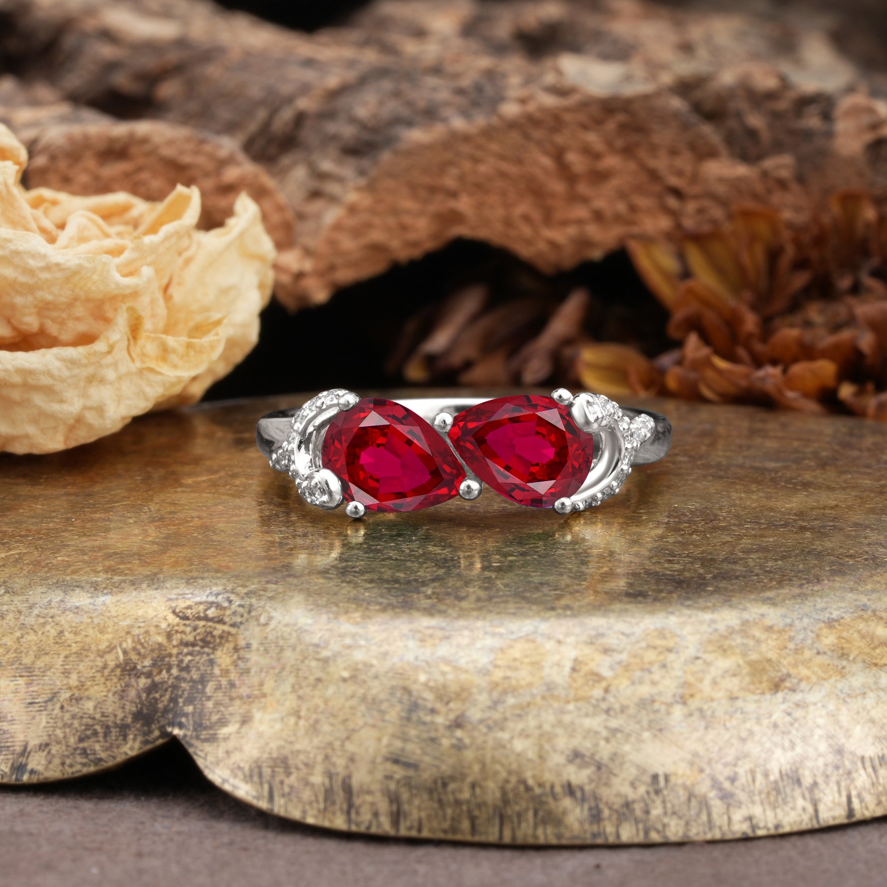 Uniquely Creative 3-Prong Double Pear-Cut Ruby Two Stones Wedding Ring - Additional view