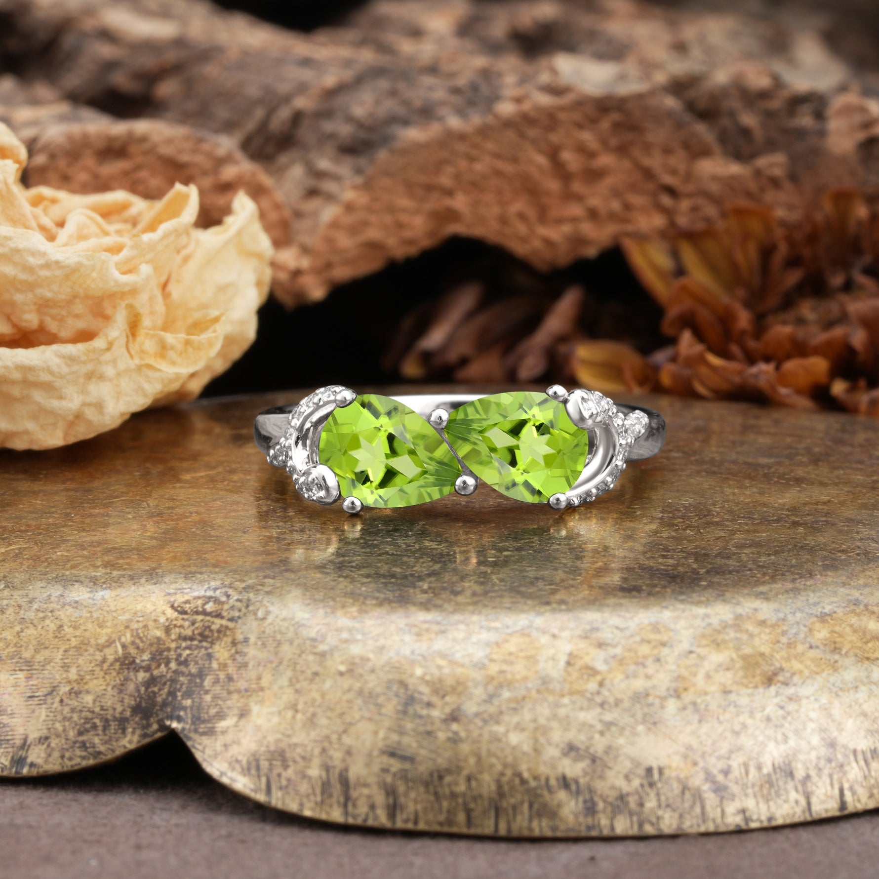 Uniquely Creative 3-Prong Double Pear-Cut Peridot Two Stones Wedding Ring - Additional view