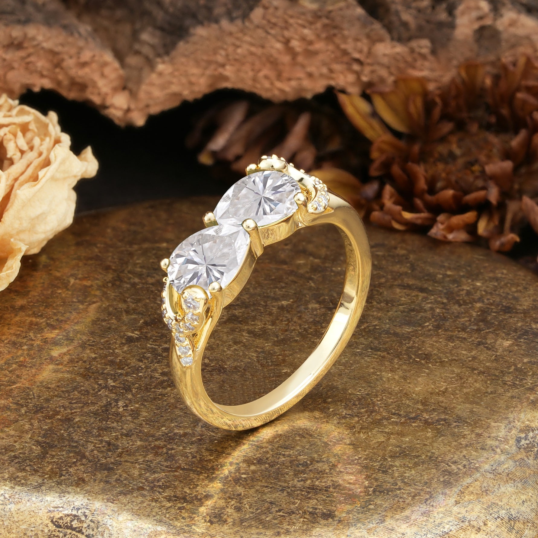 Uniquely Creative 3-Prong Double Pear-Cut Moissanite Two Stones Wedding Ring - Additional view