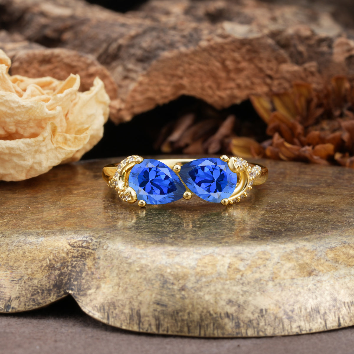 Uniquely Creative 3-Prong Double Pear-Cut Sapphire Two Stones Wedding Ring - Additional view