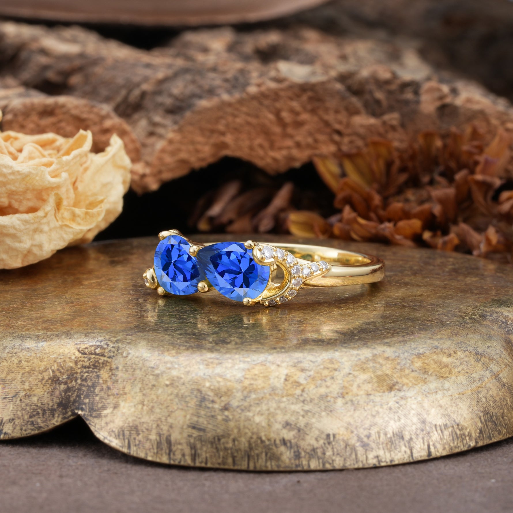 Uniquely Creative 3-Prong Double Pear-Cut Sapphire Two Stones Wedding Ring - Additional view