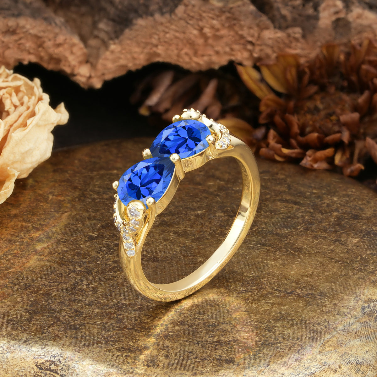 Uniquely Creative 3-Prong Double Pear-Cut Sapphire Two Stones Wedding Ring - Additional view